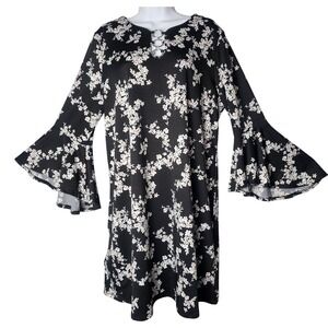 AGB Dress L Black Floral Bell Sleeve Cottagecore Boho Whimsigoth Flowy Mod Retro